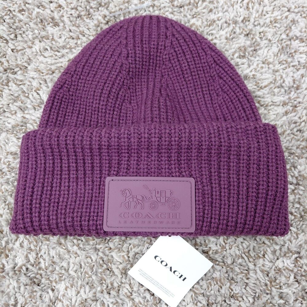 NEW Coach Patch Beanie Womens Classic Ribbed Knit Logo Horse Carriage Deep Berry
